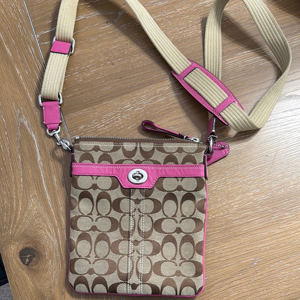 Coach Tan and Pink Crossbody Bag with Signature Monogram
